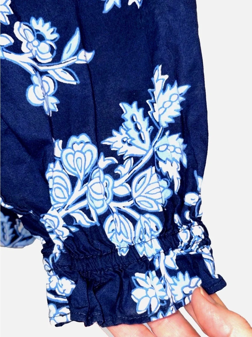 J.Crew Peasant Blouse XS Navy Blue Floral Tie Neck Boho Long Sleeve